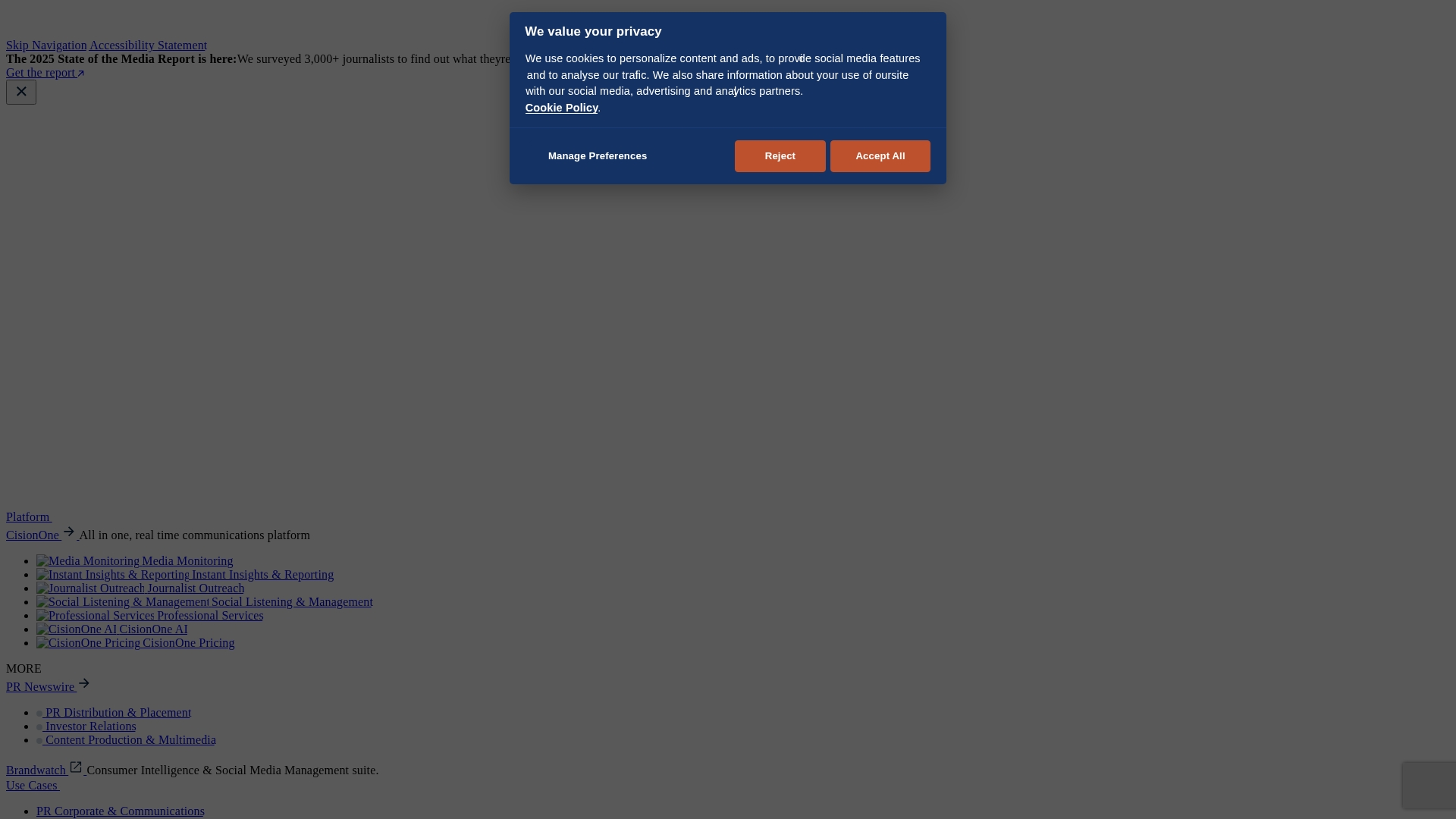 Cision DASHBOARD SHOWING UNIFIED MEDIA AND SOCIAL LISTENING INSIGHTS