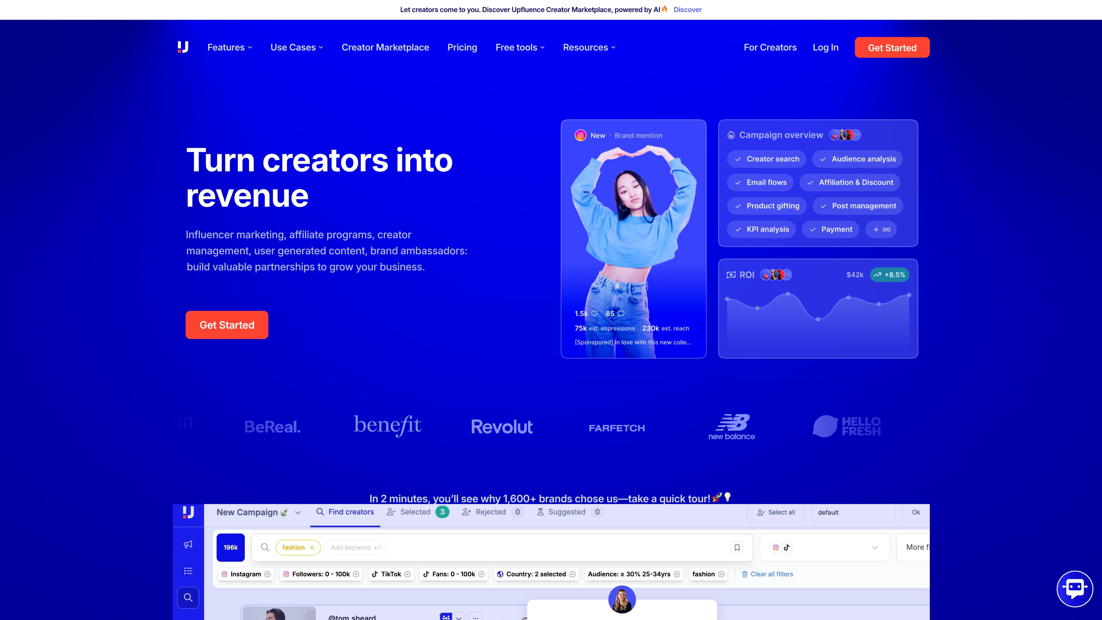 Upfluence's homepage