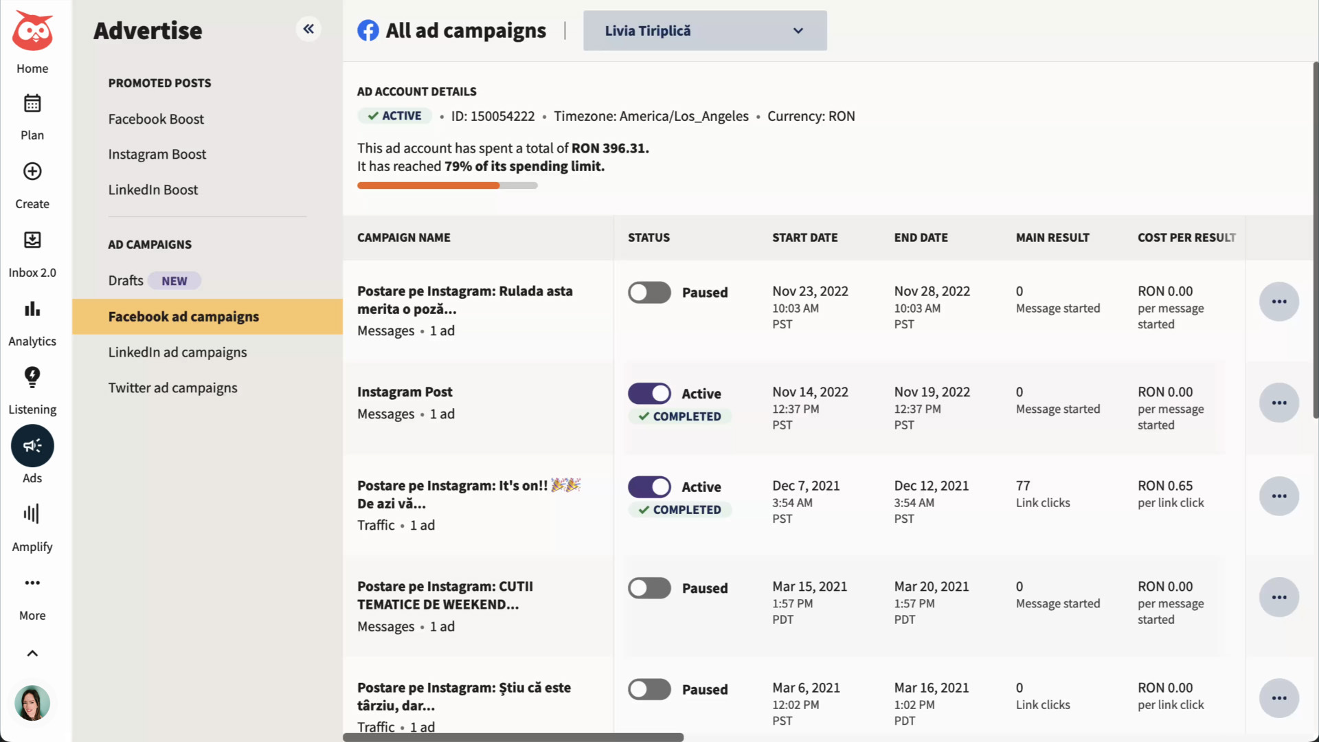 A social advertising dashboard showing a list of Facebook and Instagram ad campaigns with columns for status, dates, results, and cost per result.