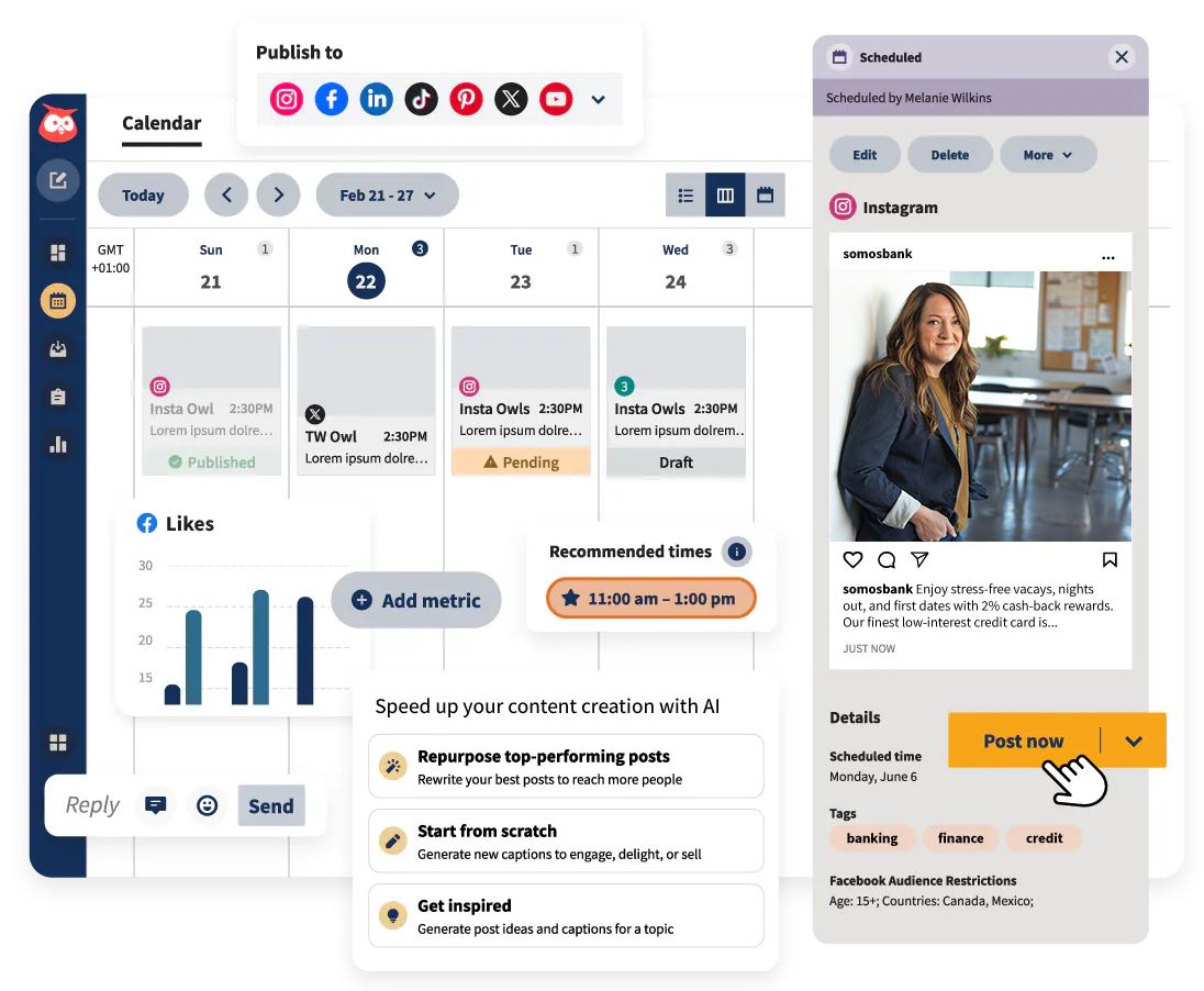 A social media management dashboard with a publishing calendar, scheduled post details, and analytics, showing how teams plan and manage posts across platforms.