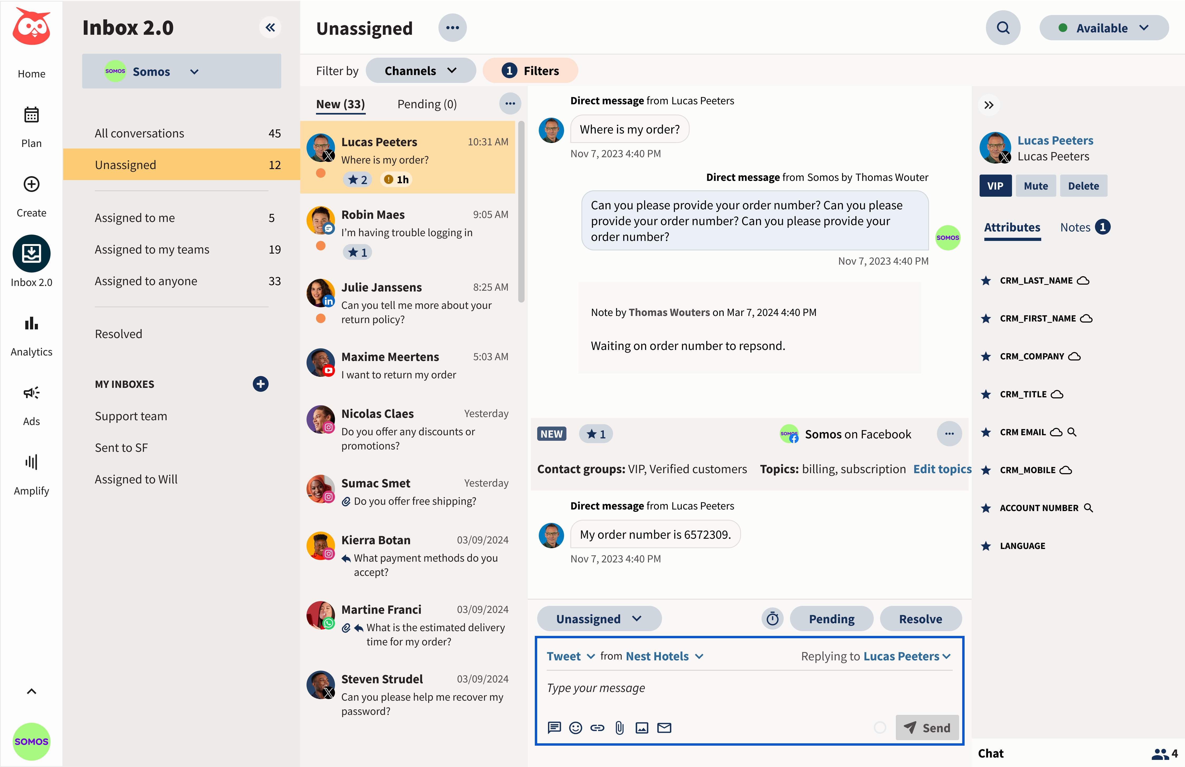 A unified social inbox dashboard showing an unassigned queue of customer questions, a message thread on the right, and conversation assignment options for a support team.