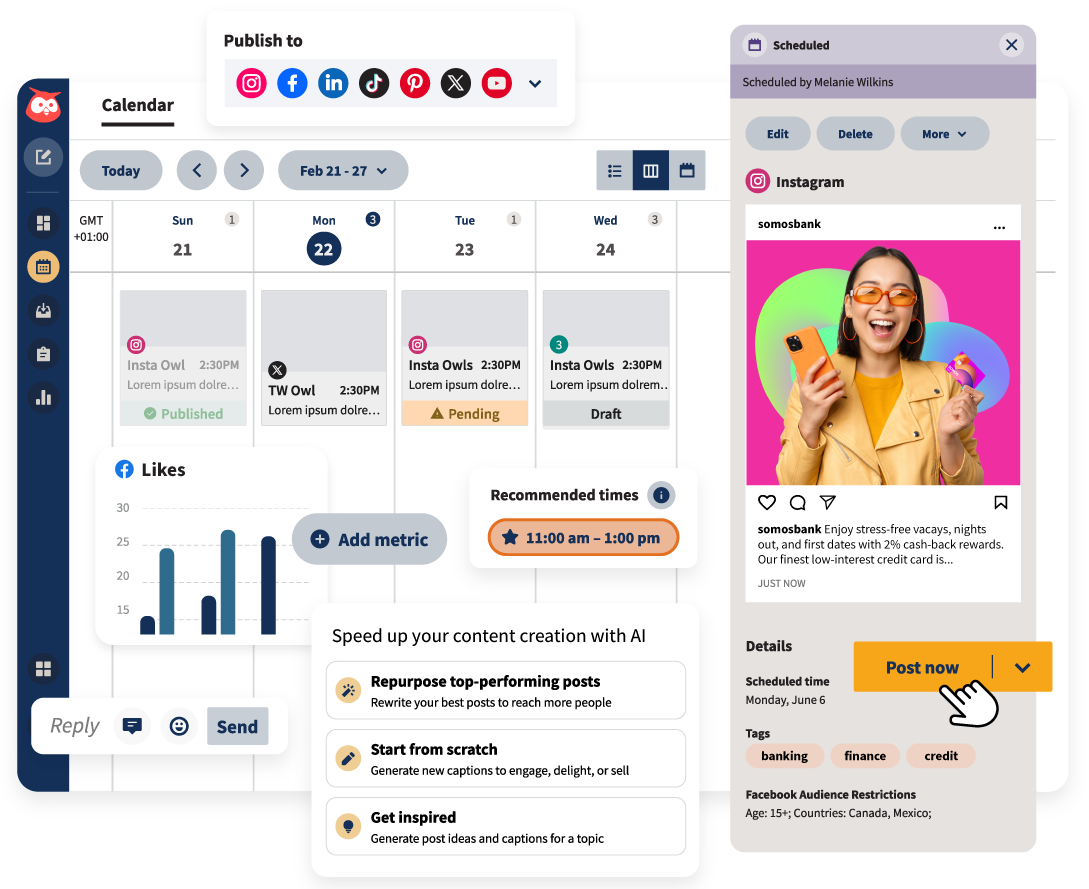 A social media management dashboard with a weekly publishing calendar, platform selection icons, an ai content suggestion panel, and a scheduled post preview.