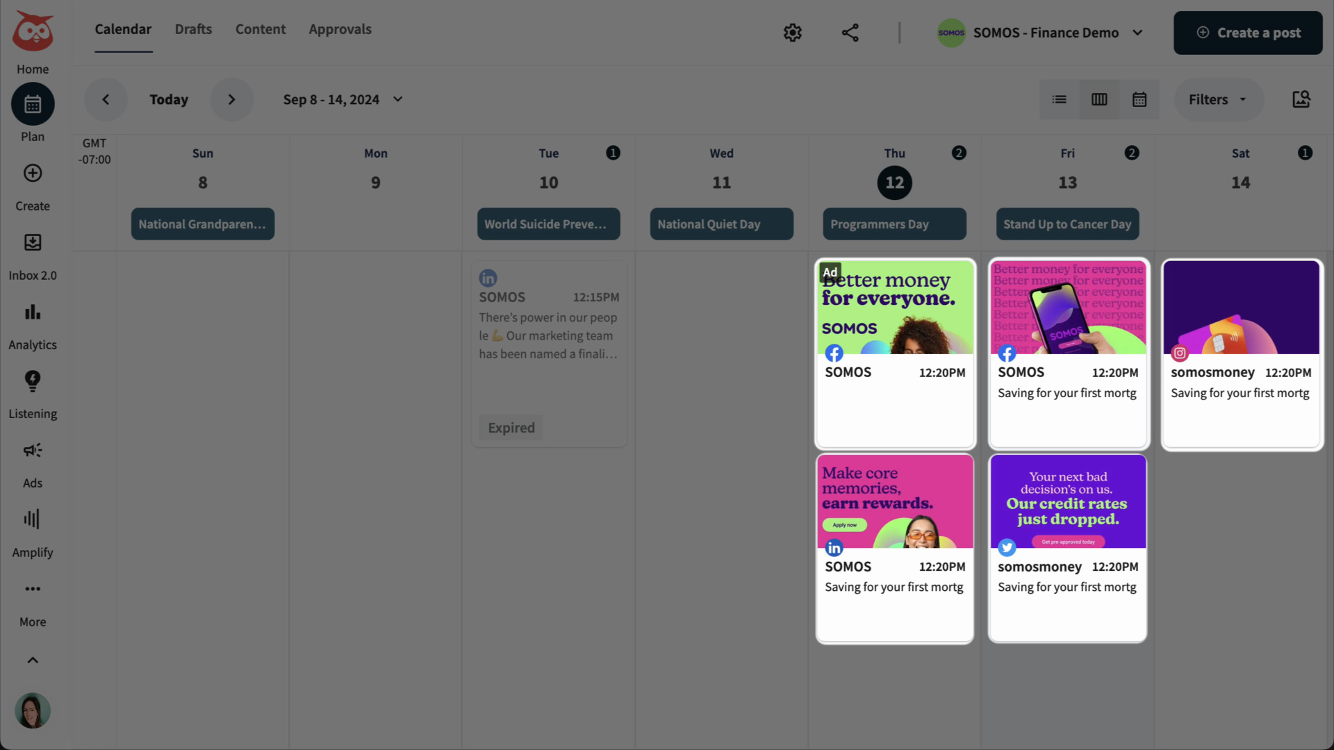A social media management dashboard showing a weekly calendar with scheduled posts, drafts, and approvals tabs, plus a grid of planned posts for multiple accounts.