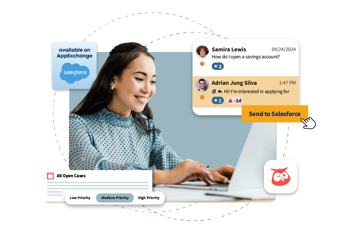 A person working on a laptop with an overlaid customer service interface showing an option to send a conversation to salesforce and a list of open cases by priority.