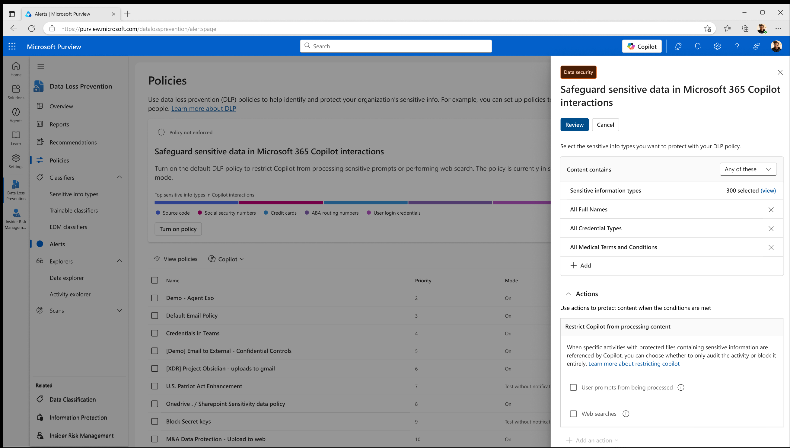 Microsoft Purview DLP policy configuration showing web search blocking for Copilot