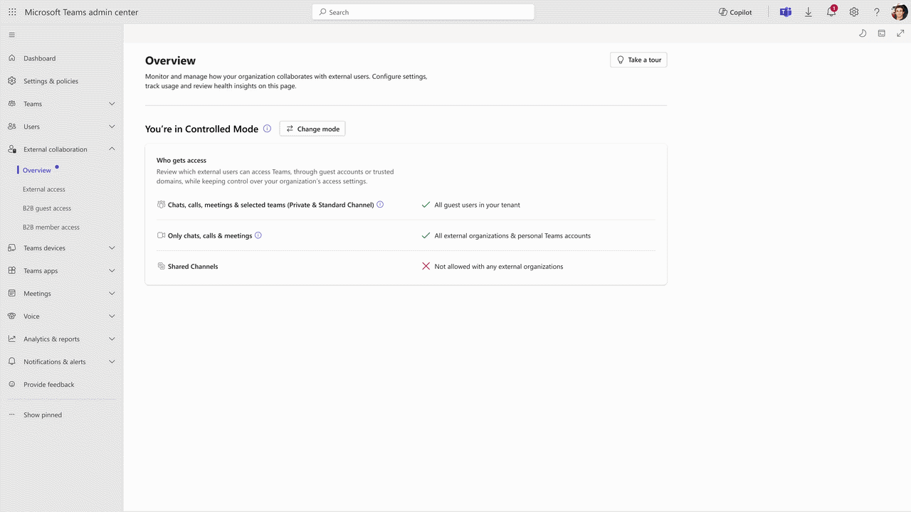 Teams admin center showing the new external collaboration settings overview page with Open and Controlled preset modes