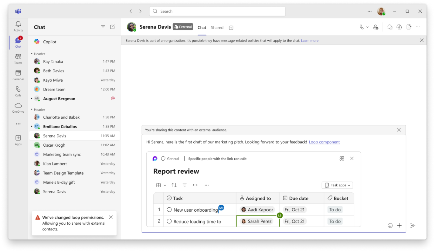 Teams chat showing file and Loop component sharing with an external participant