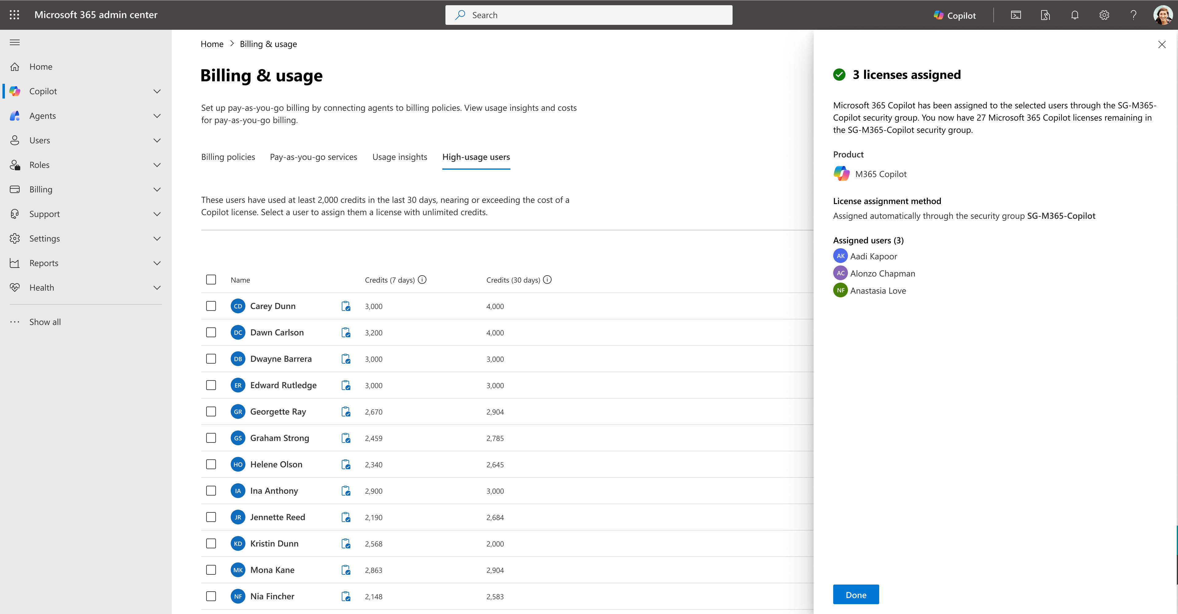 Microsoft 365 admin center Billing and usage page showing the High-usage users category