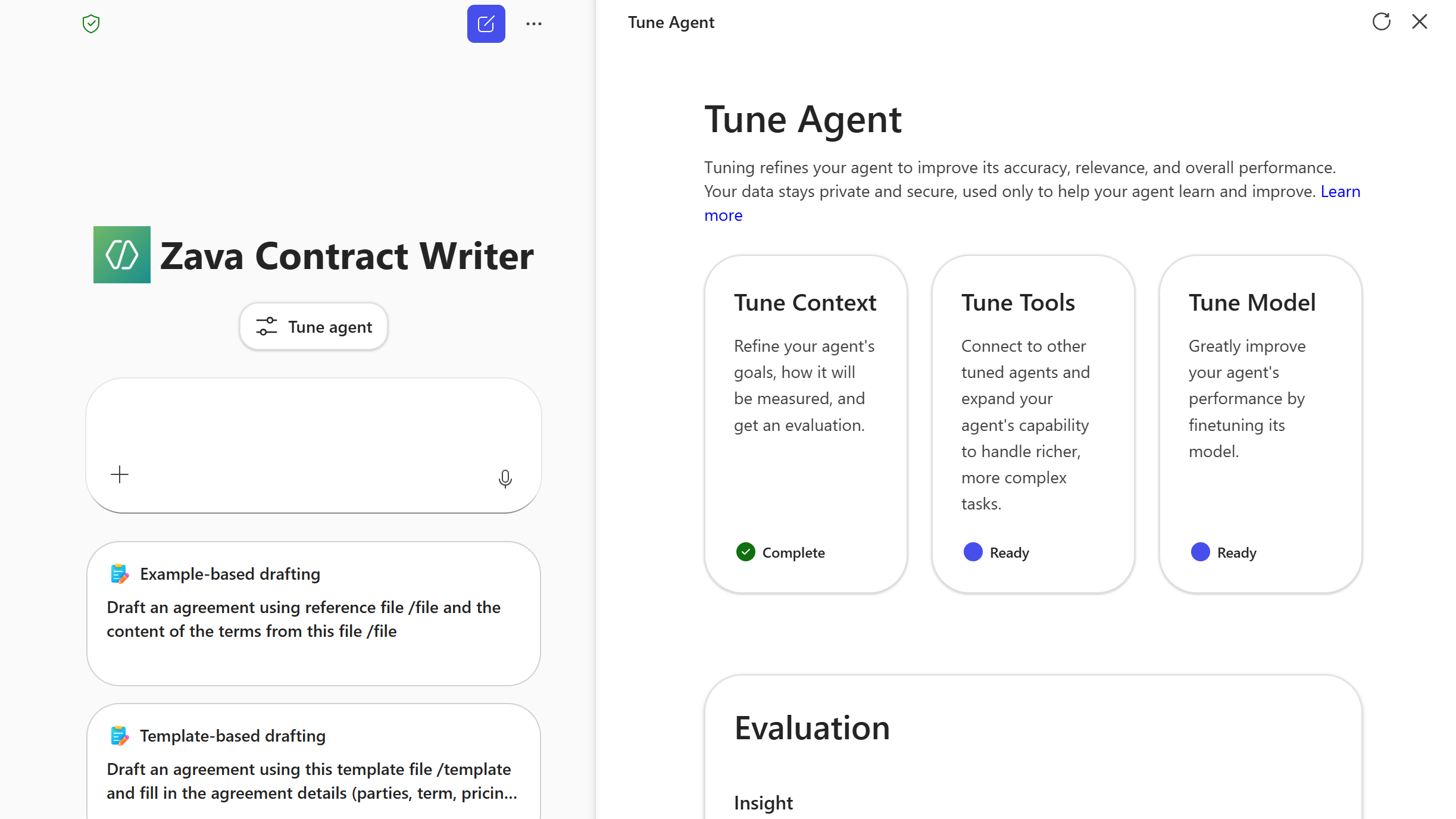 Microsoft 365 Copilot Tuning interface showing Agent Builder templates for document drafting and validation