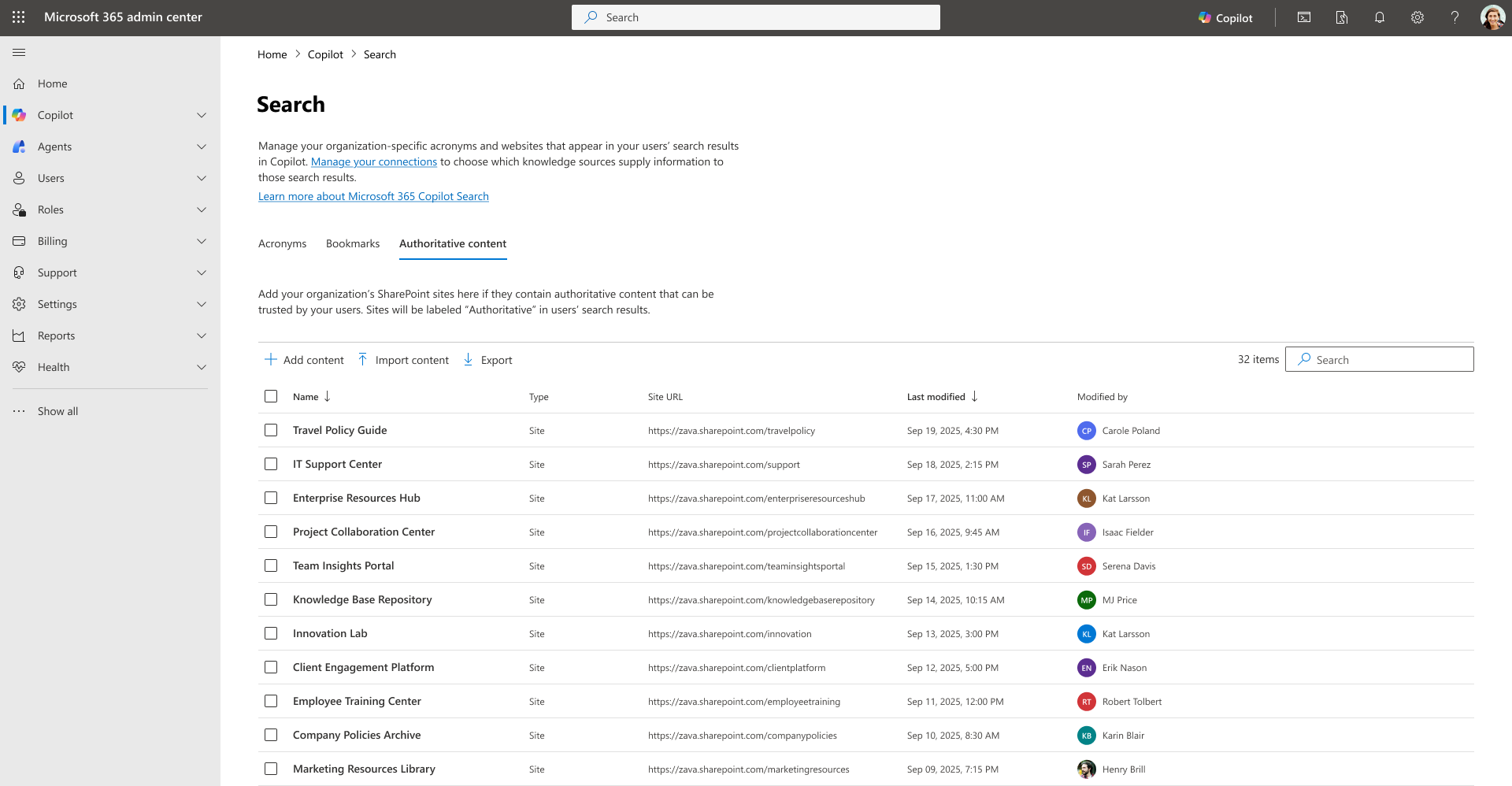 Microsoft 365 admin center showing Authoritative Sources configuration for M365 Copilot Search