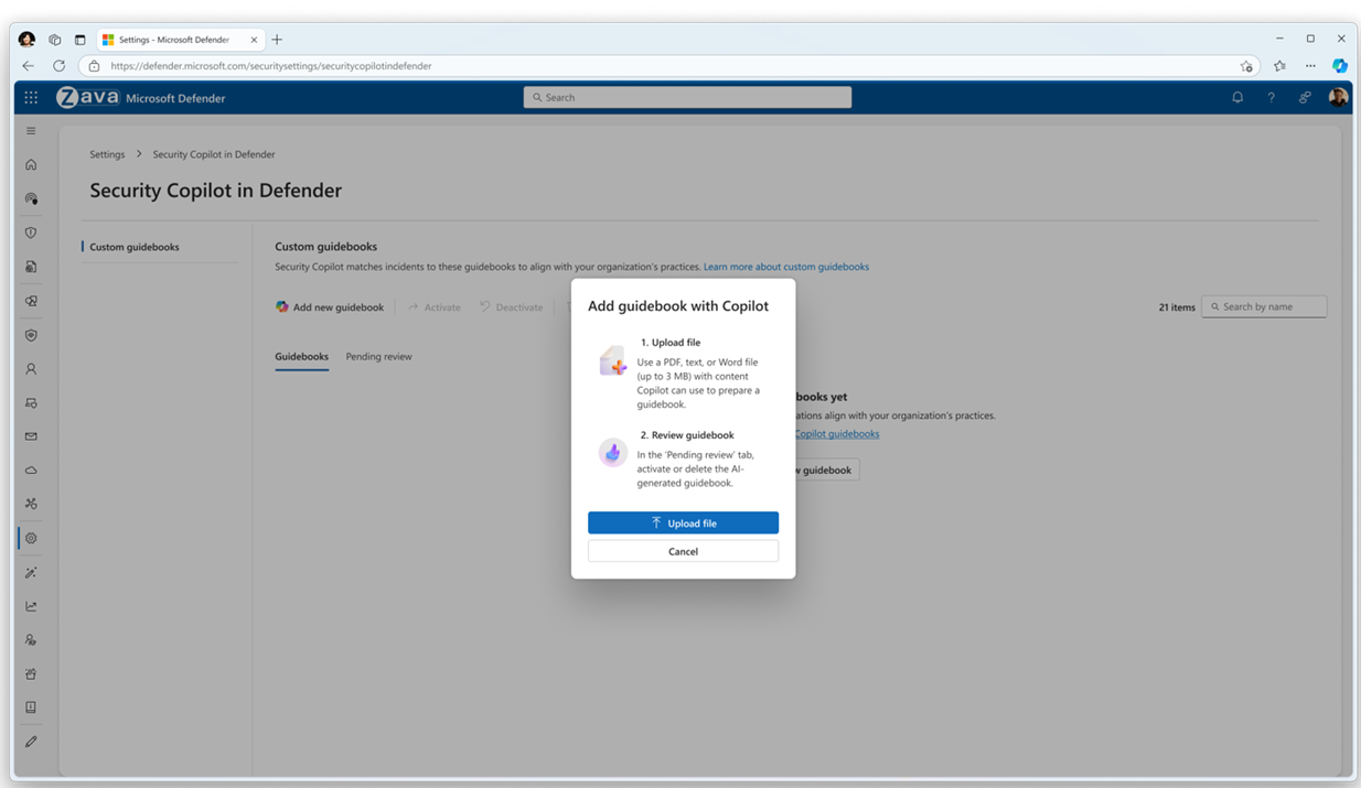 Defender portal showing custom SOP guidebook configuration in Copilot Guided Response