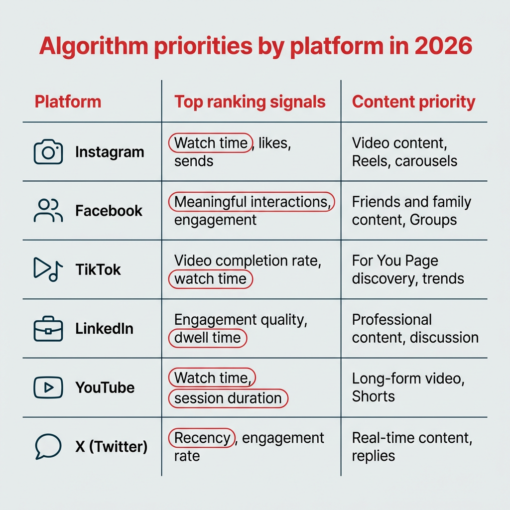 Algorithm priorities by platform in 2026