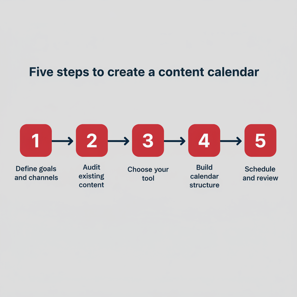 Five steps to create a content calendar — a horizontal process flow from defining goals to scheduling and reviewing