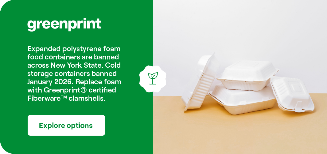 Greenprint Fiberware compostable clamshells replace polystyrene foam containers banned in New York State