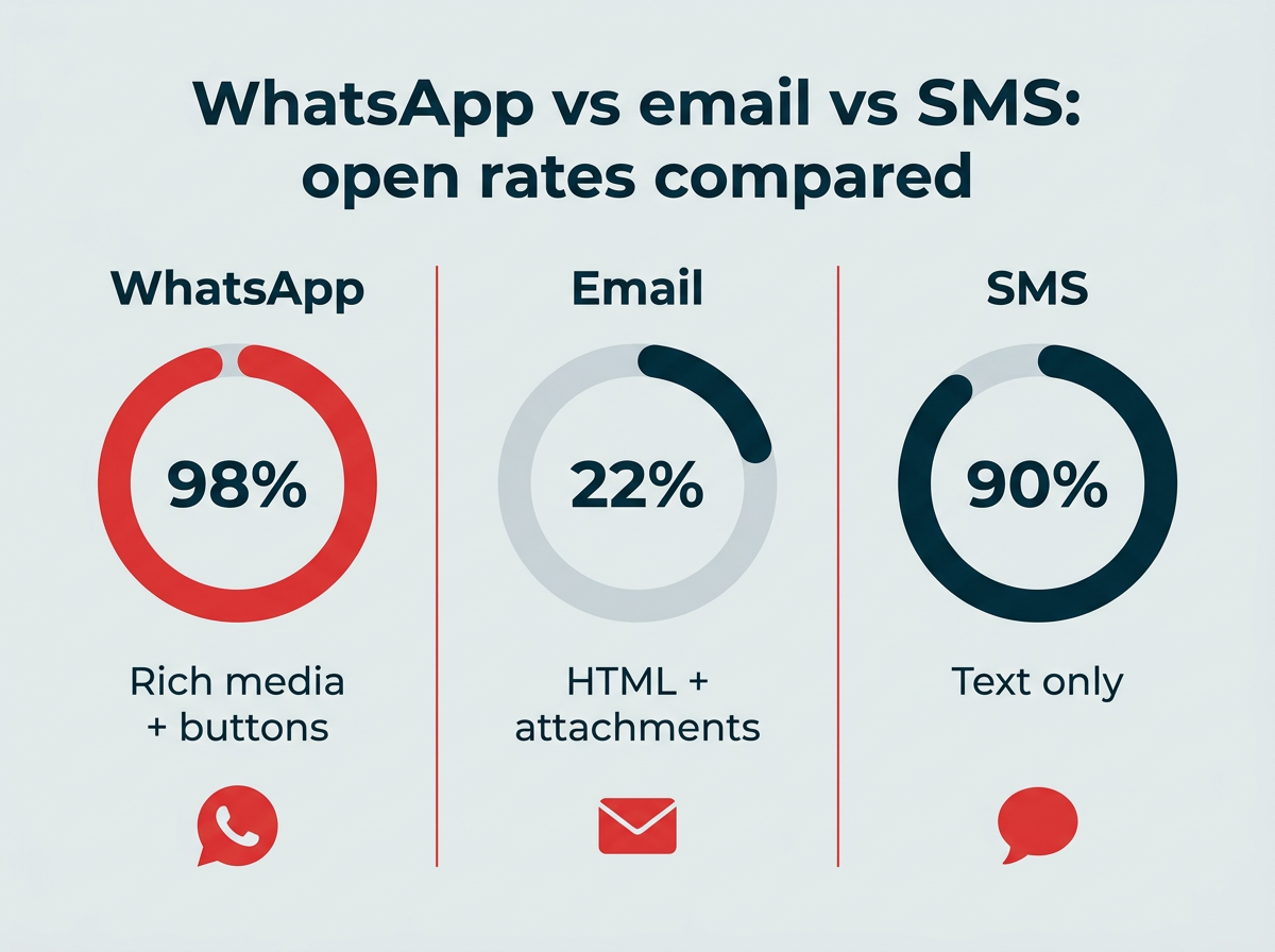 WhatsApp vs email vs SMS: open rates compared