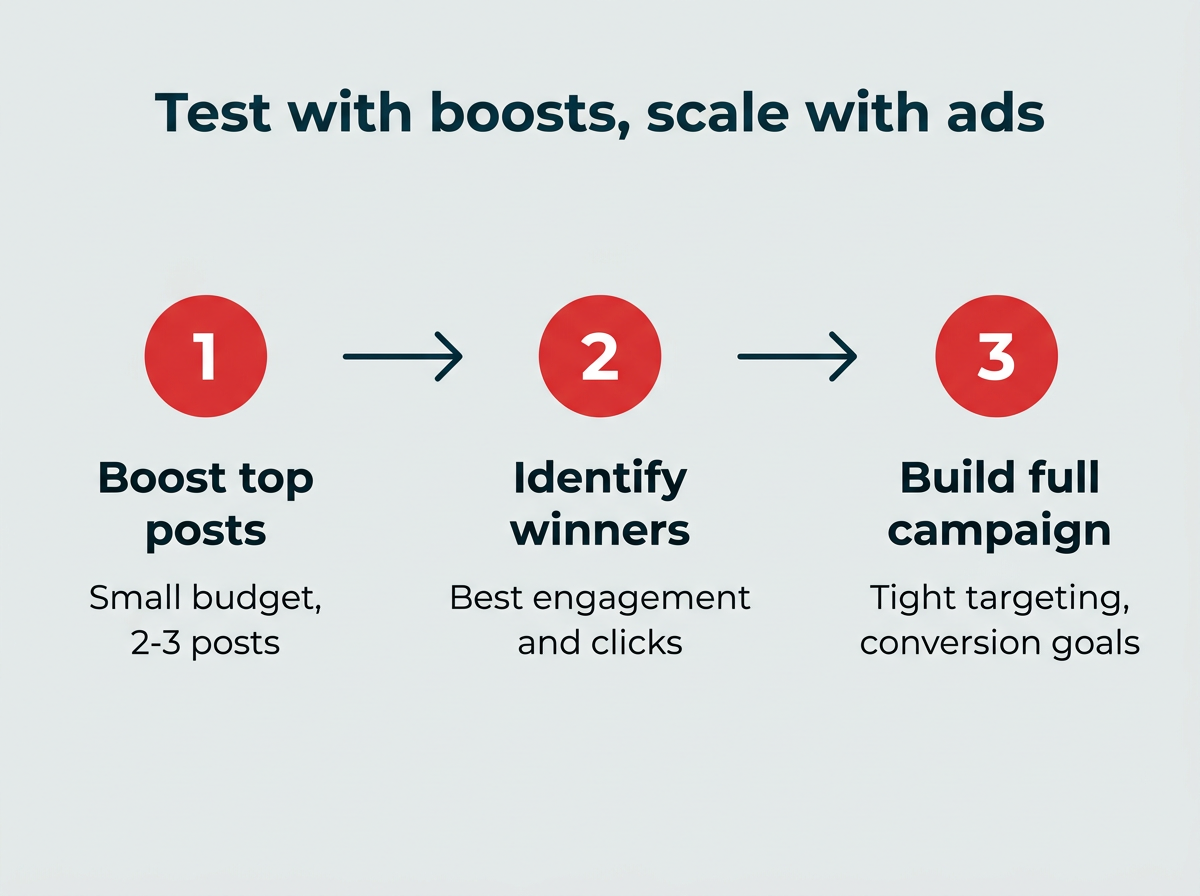 Test with boosts, scale with ads