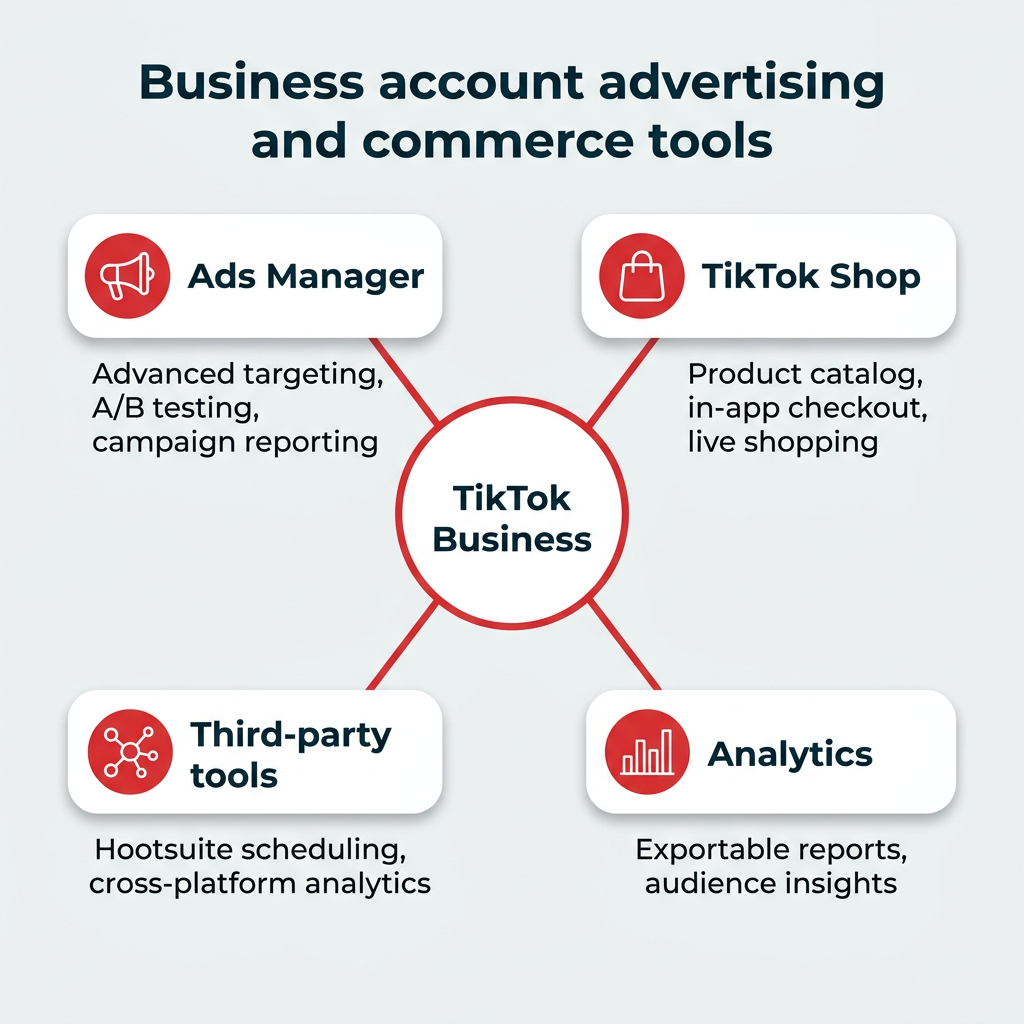 Business account advertising and commerce tools Business account advertising and commerce tools — hub-and-spoke diagram showing Ads Manager, TikTok Shop, third-party integrations, and analytics as the four key business account tool categories