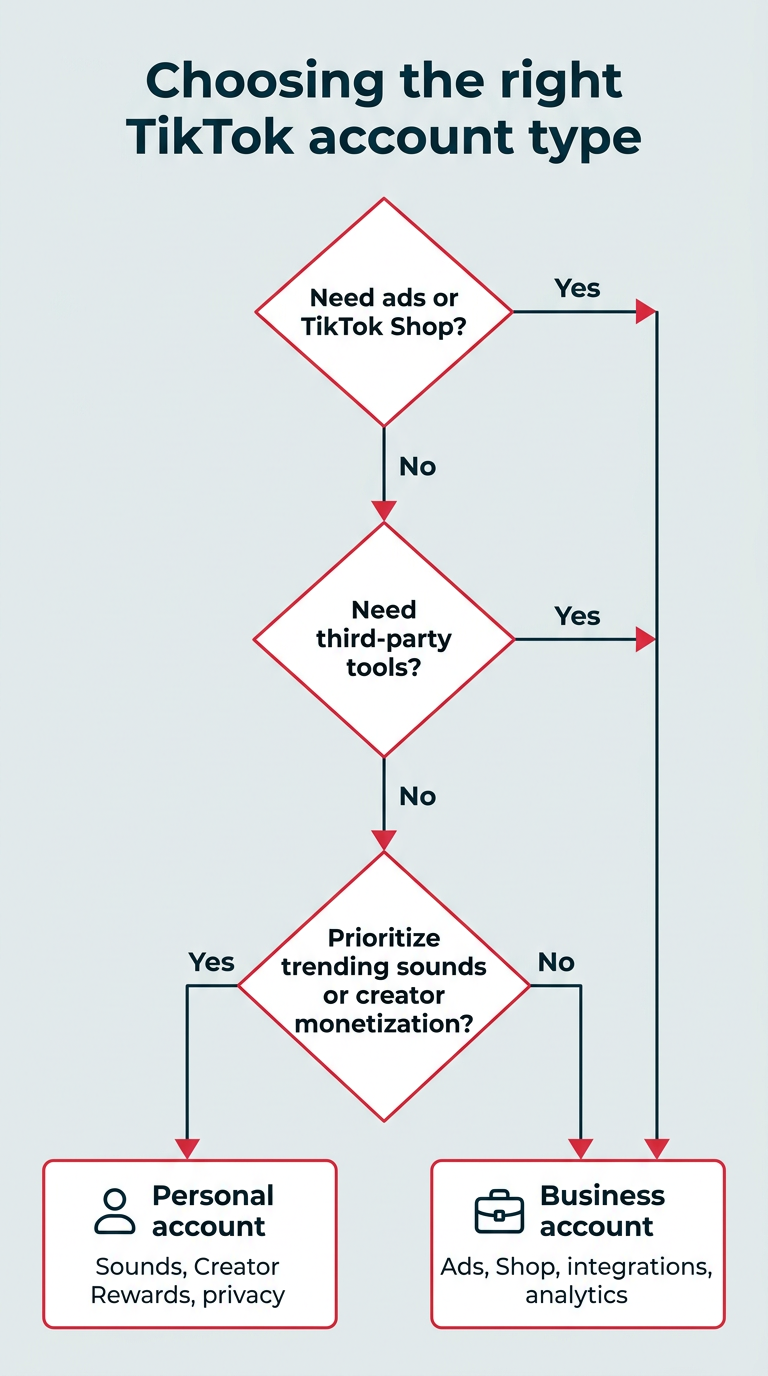 Choosing the right TikTok account type Choosing the right TikTok account type — decision flowchart with three questions about ads, third-party tools, and creator monetization leading to personal or business account recommendations