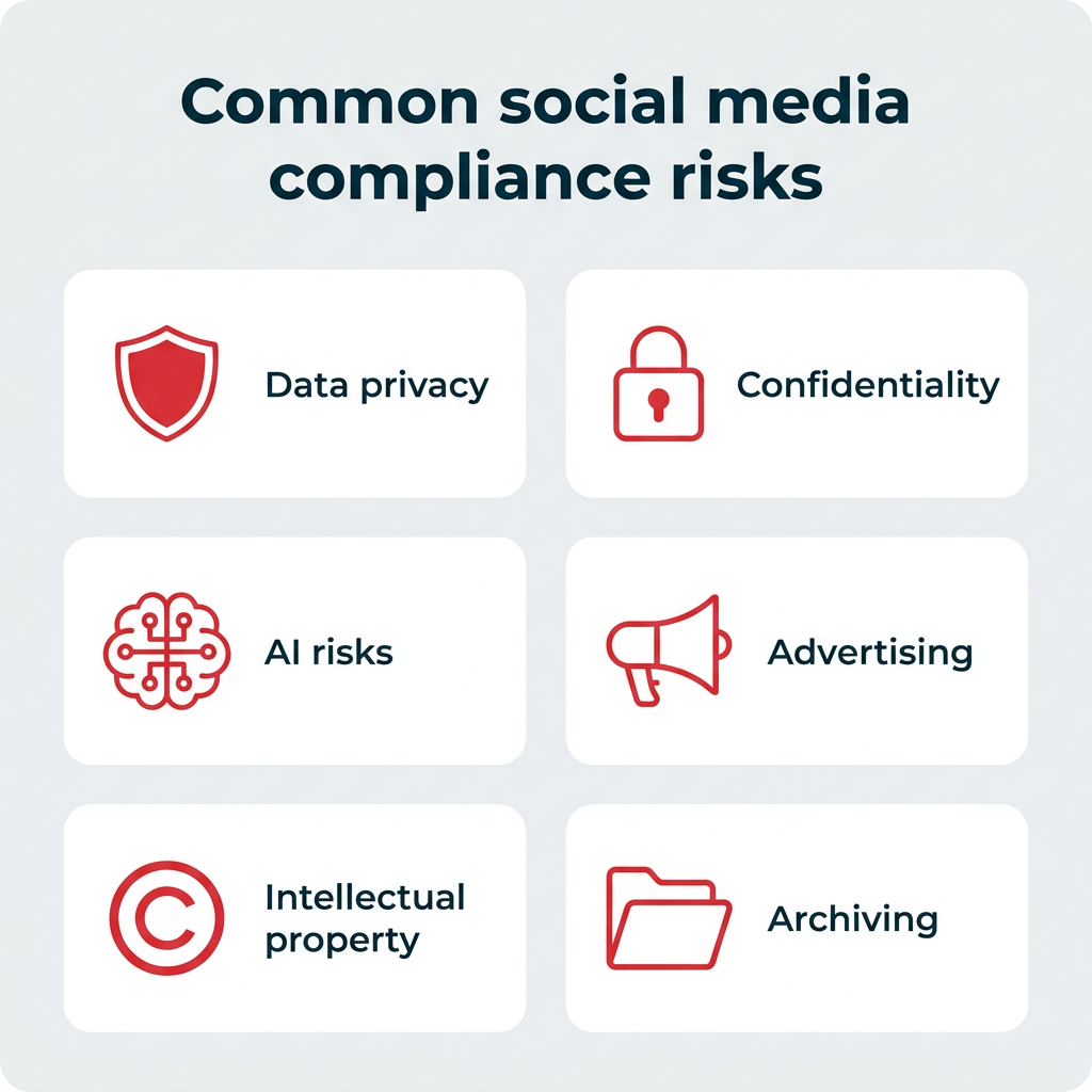 Common social media compliance risks: data privacy, confidentiality, AI risks, advertising, intellectual property, and archiving shown as a six-card grid with icons