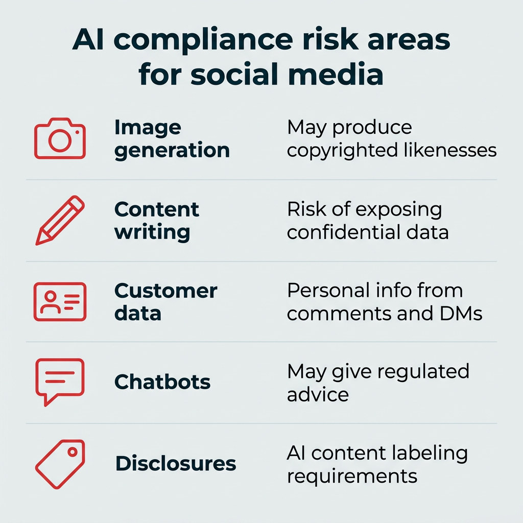 AI compliance risk areas for social media: image generation, content writing, customer data, chatbots, and disclosures listed with icons and brief descriptions