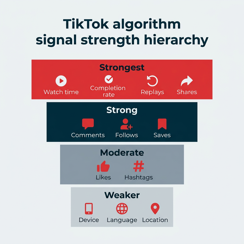TikTok algorithm signal strength hierarchy TikTok algorithm signal strength hierarchy showing four tiers from strongest signals like watch time and shares to weaker signals like device type and location