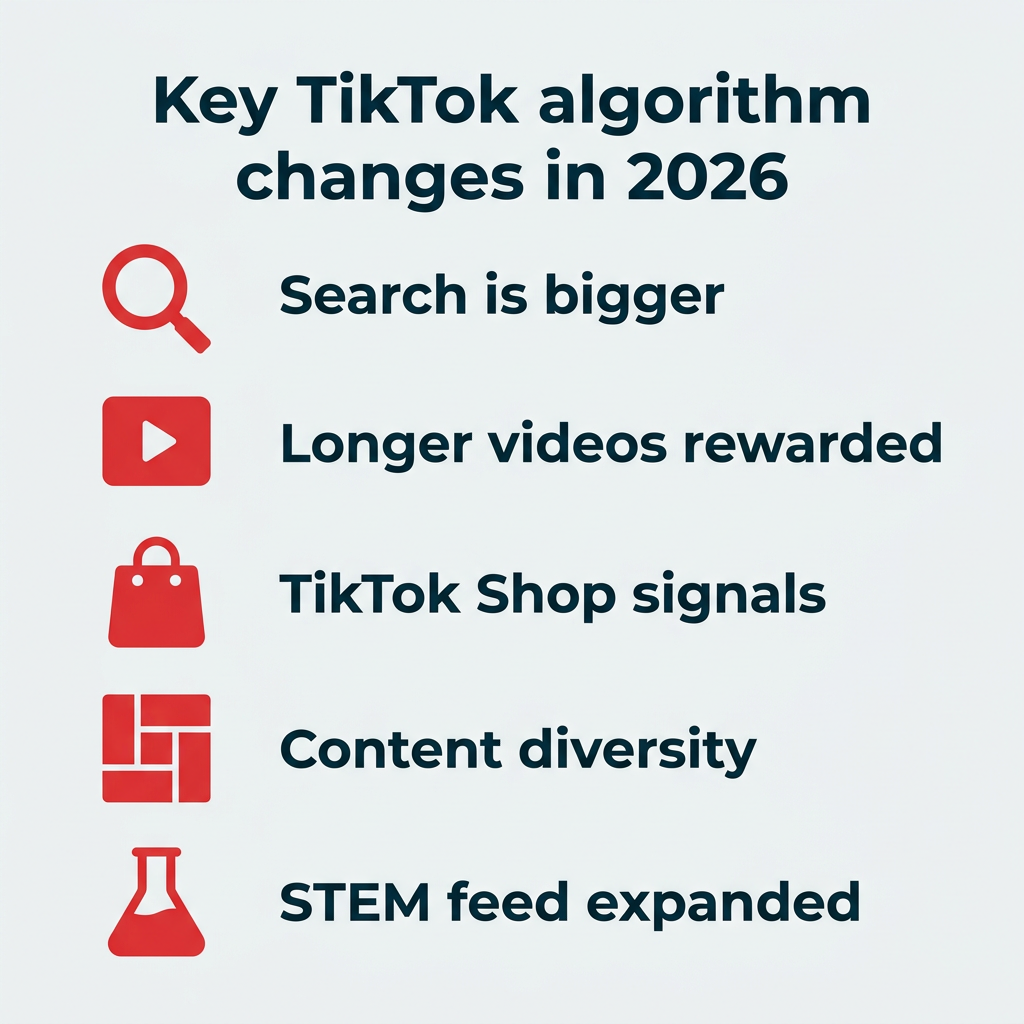 Key TikTok algorithm changes in 2026 Key TikTok algorithm changes in 2026 showing five updates including search growth, longer video rewards, TikTok Shop signals, content diversity, and STEM feed expansion