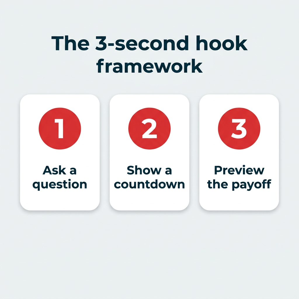 The 3-second hook framework The 3-second hook framework showing three strategies for TikTok videos: ask a question, show a countdown, and preview the payoff