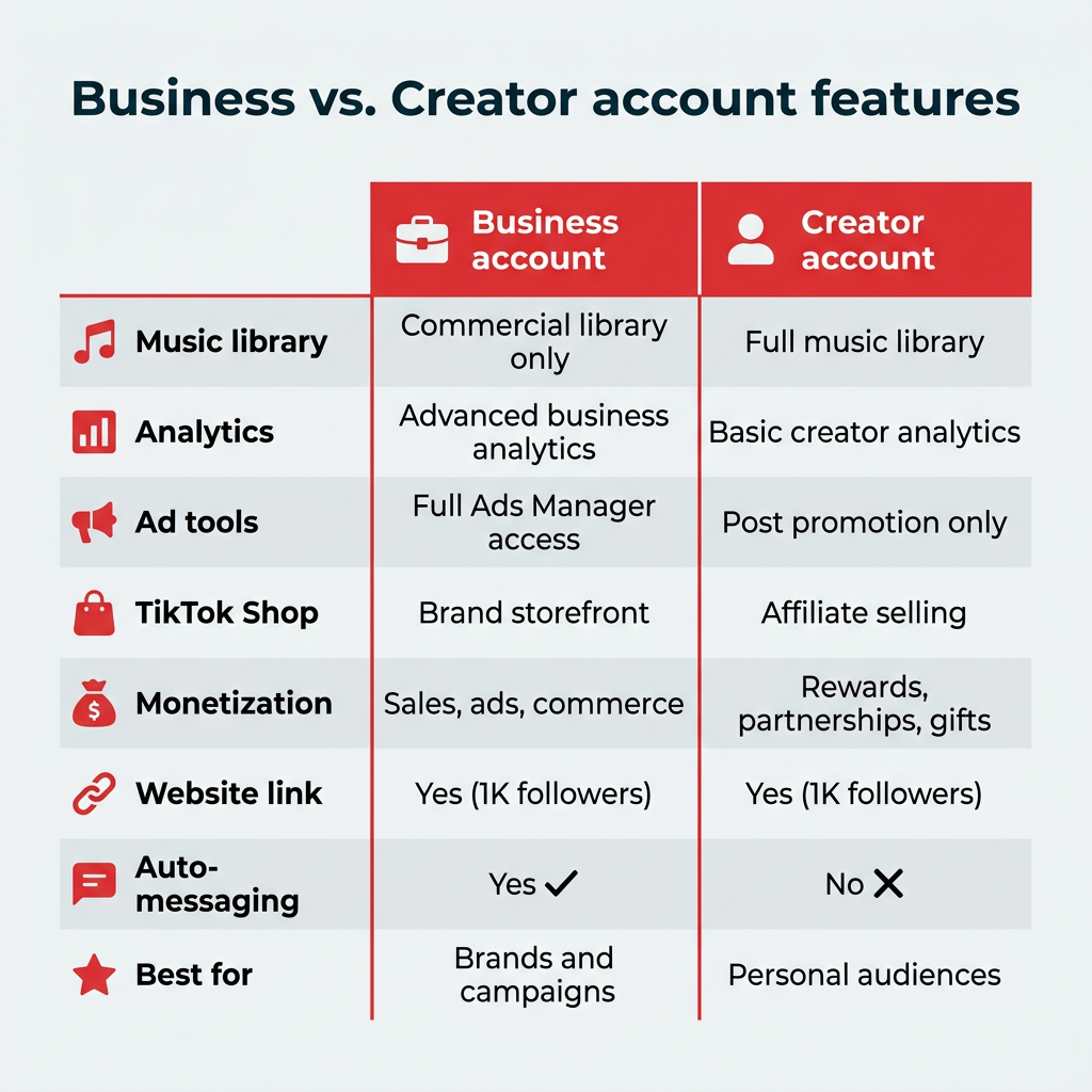 Business vs. Creator account features