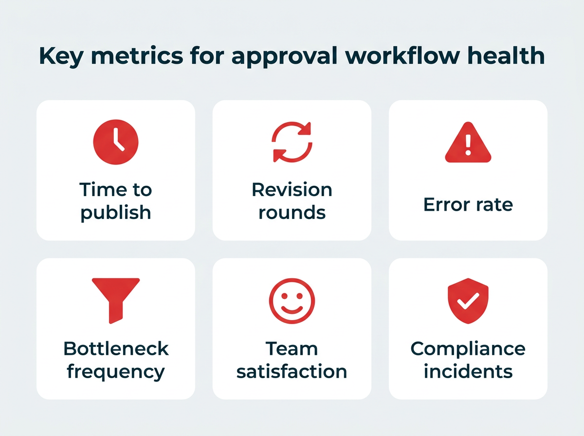 Key metrics for approval workflow health: time to publish, revision rounds, error rate, bottleneck frequency, team satisfaction, compliance incidents