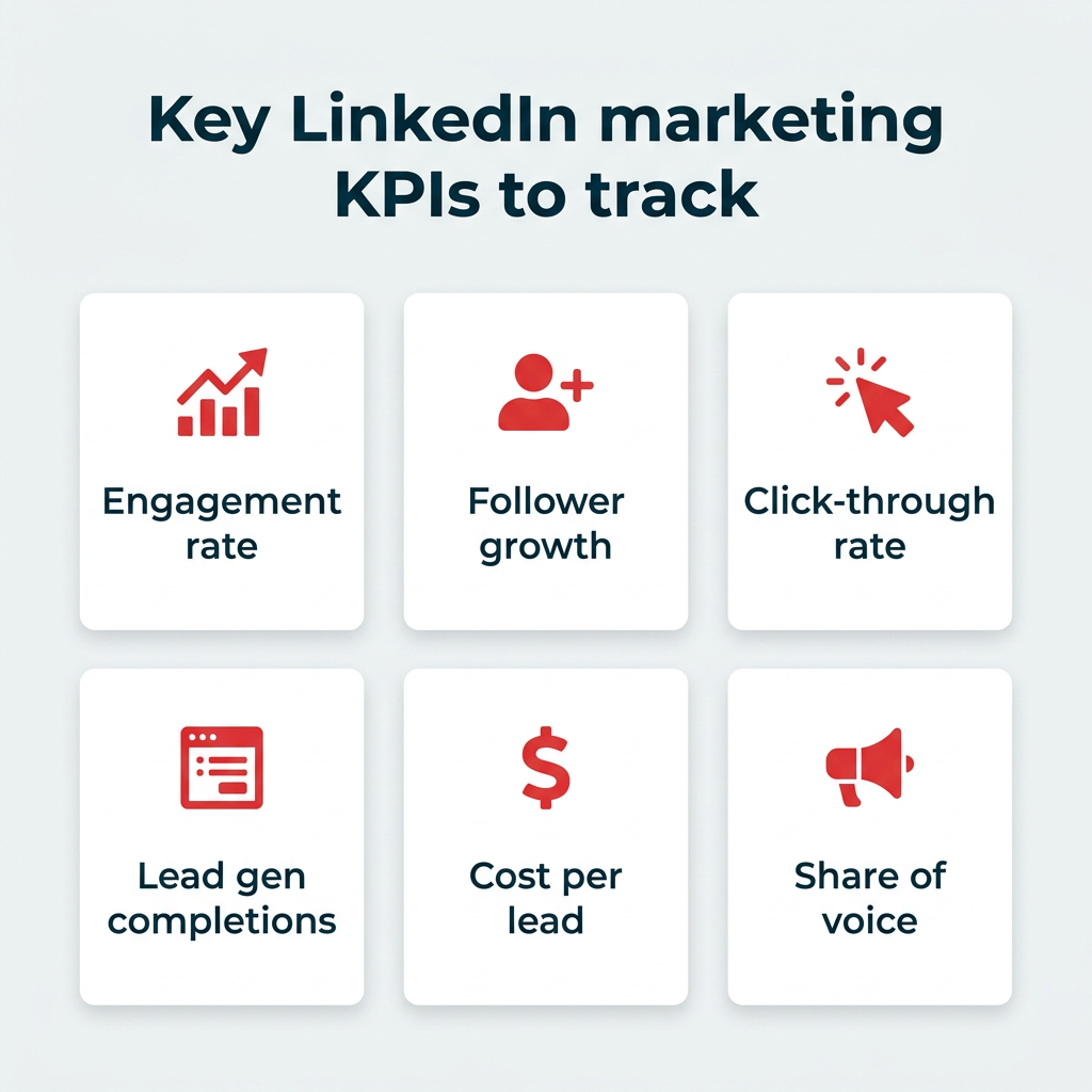 Key LinkedIn marketing KPIs to track — six metrics: engagement rate, follower growth, click-through rate, lead gen completions, cost per lead, and share of voice