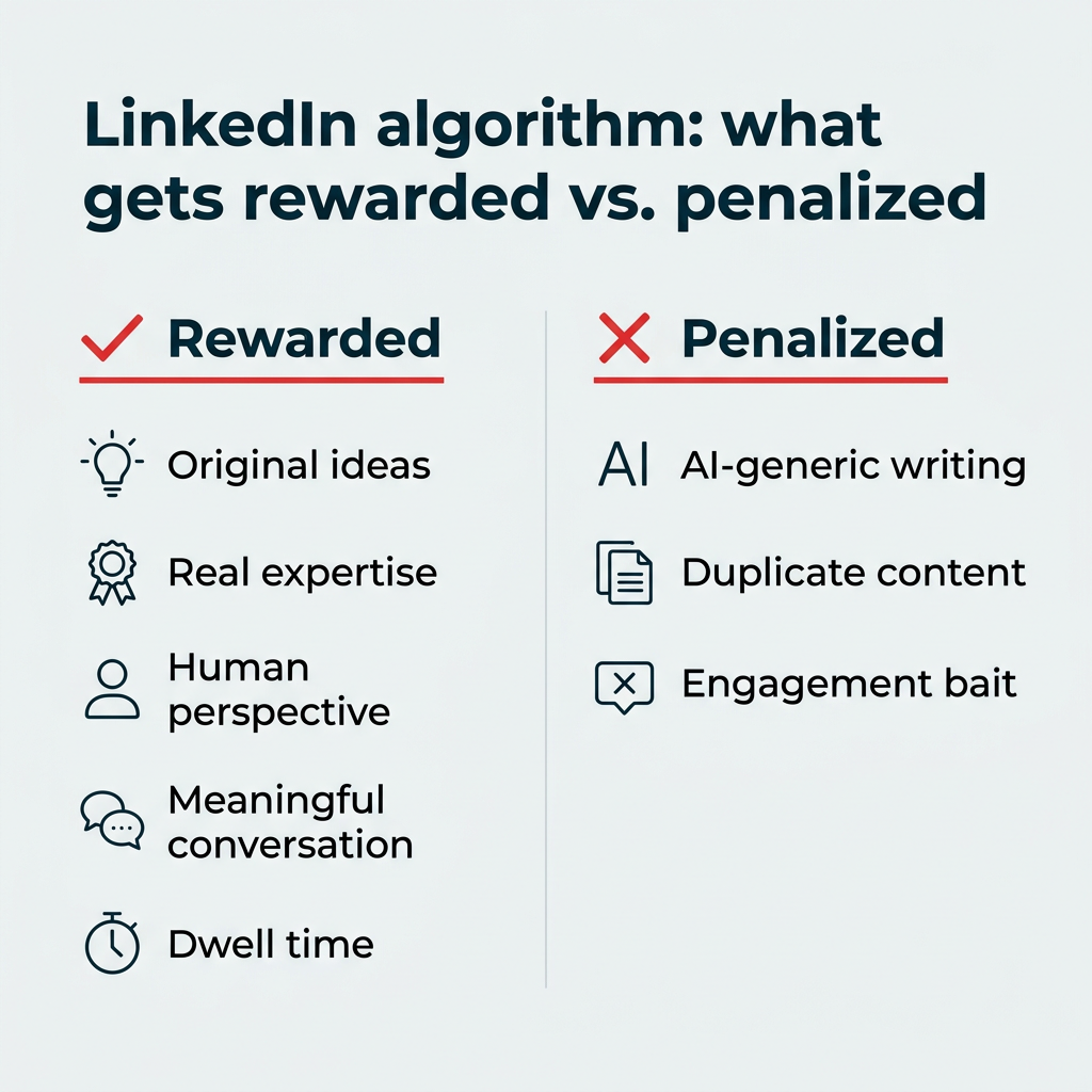 LinkedIn algorithm: what gets rewarded vs. penalized — rewarded: original ideas, real expertise, human perspective, meaningful conversation, dwell time; penalized: AI-generic writing, duplicate content, engagement bait