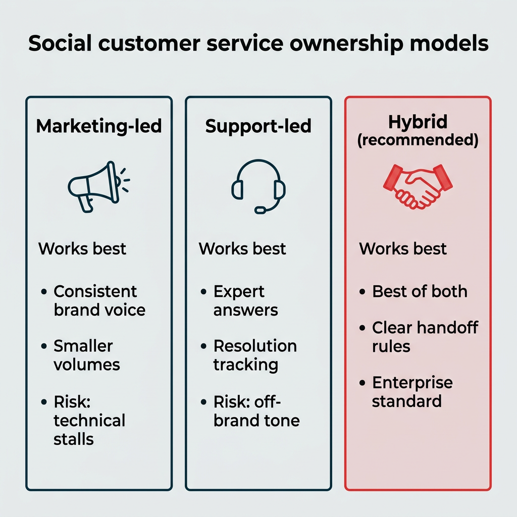 Social customer service ownership models comparing marketing-led, support-led, and hybrid approaches with key traits for each
