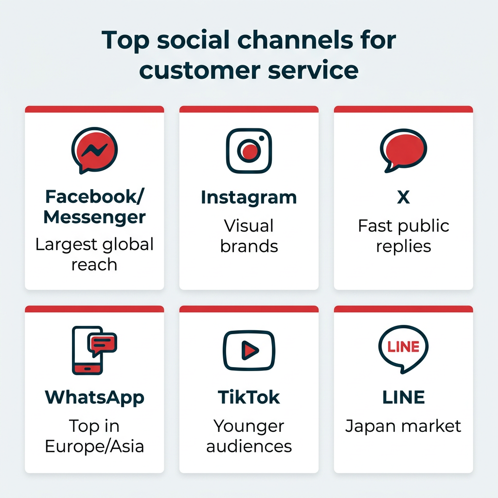 Top social channels for customer service showing Facebook, Instagram, X, WhatsApp, TikTok, and LINE with key strengths
