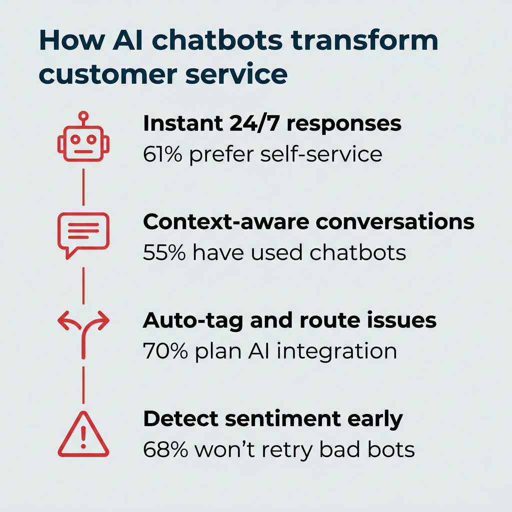 How AI chatbots transform customer service showing four capabilities with statistics including 61 percent prefer self-service and 70 percent plan AI integration