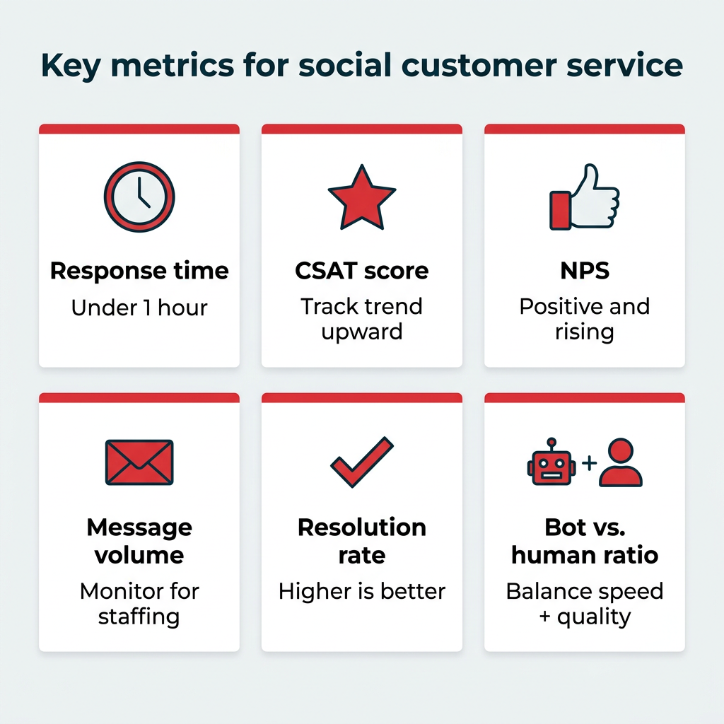 Key metrics for social customer service showing response time, CSAT score, NPS, message volume, resolution rate, and bot versus human ratio with targets