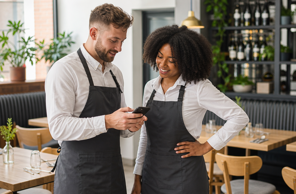 Two hospitality workers in aprons reviewing shift information on a smartphone in a restaurant