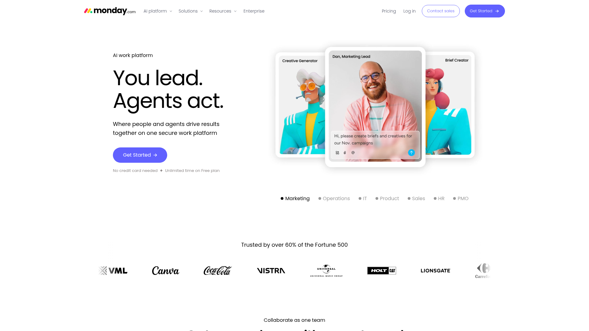 monday AI Work Platform homepage showing AI agents and workflow automation