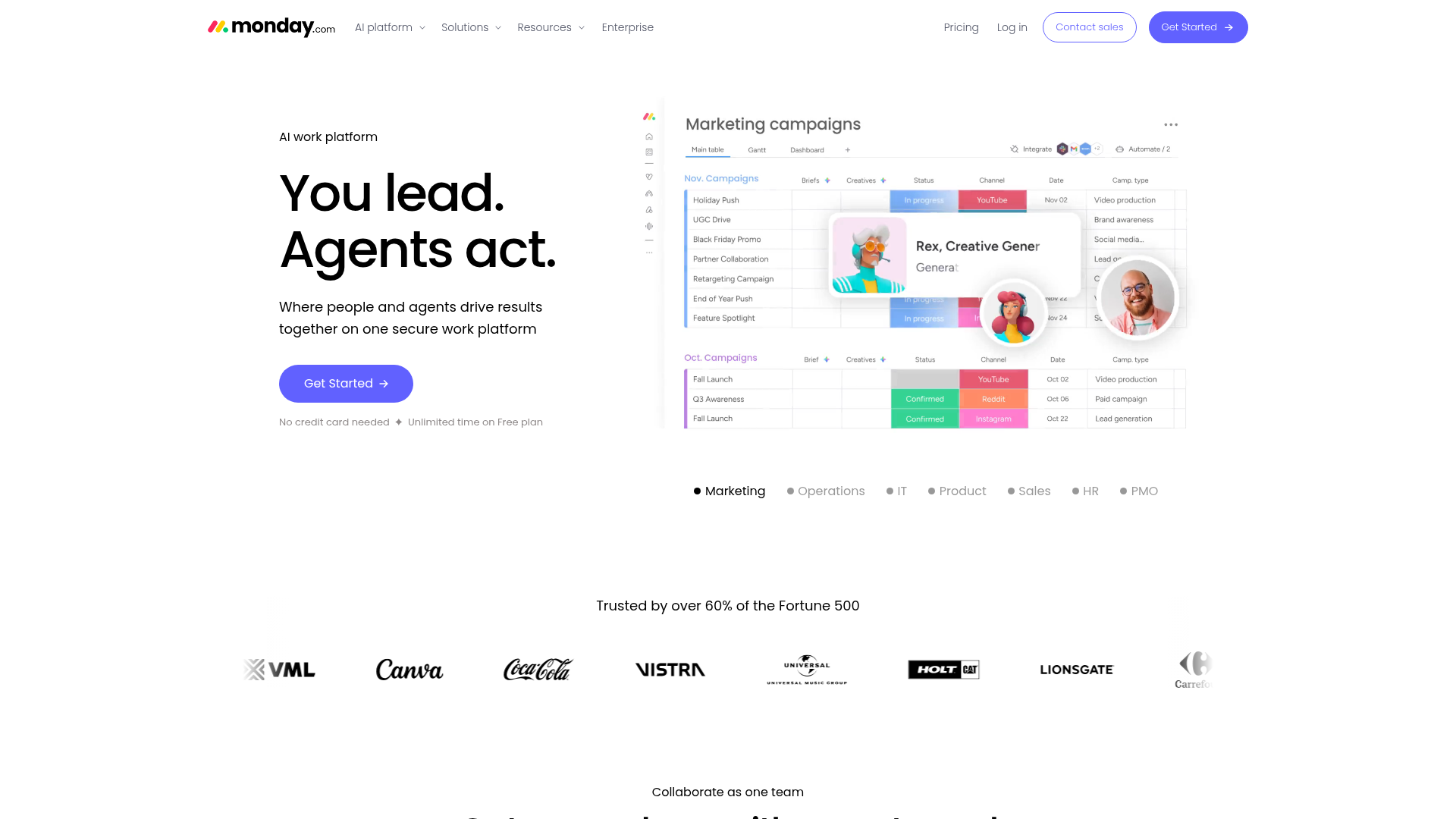 monday AI Work Platform dashboard showing team workload and project status