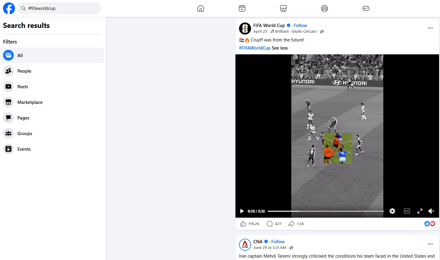Facebook search results page for the hashtag #FIFAWorldCup, displaying a video post by the official FIFA World Cup page showing a classic soccer match.