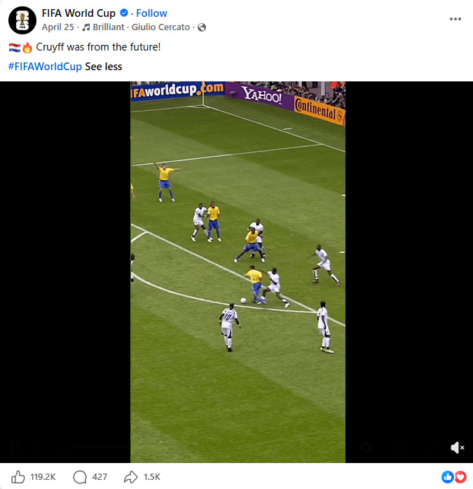 Facebook post by FIFA World Cup sharing a vintage soccer video of Johan Cruyff in action, captioned with the hashtag FIFAWorldCup.
