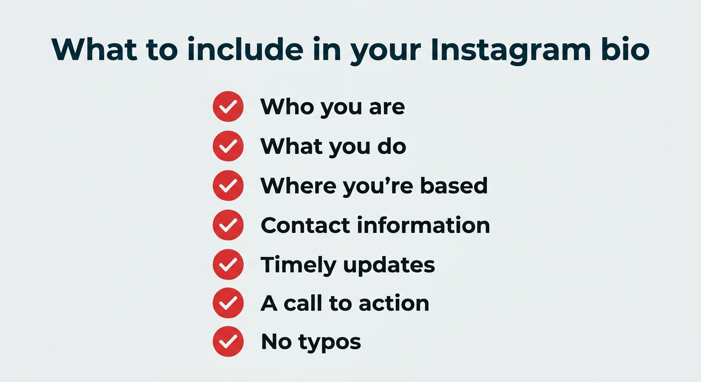 Checklist infographic of what to include in your Instagram bio: who you are, what you do, where you're based, contact information, timely updates, a call to action, and no typos