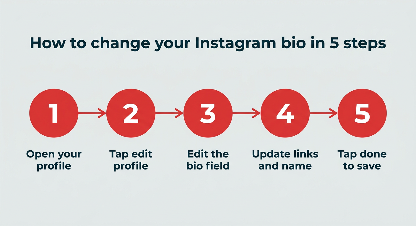 Process flow infographic showing how to change your Instagram bio in 5 steps: open your profile, tap edit profile, edit the bio field, update links and name, and tap done to save