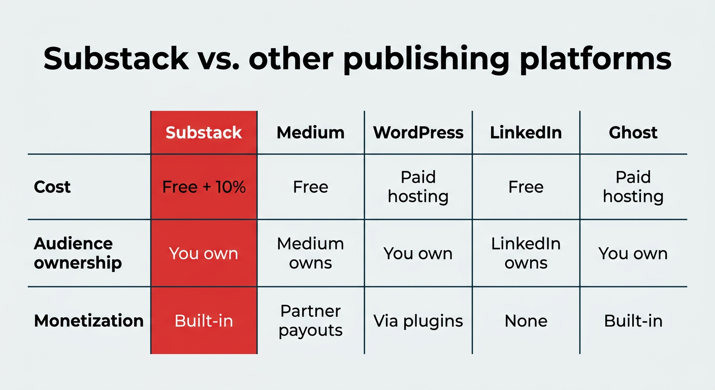 Comparison table of Substack, Medium, WordPress, LinkedIn and Ghost across cost, audience ownership and monetization, with Substack highlighted as free plus ten percent, you own the audience, and built-in monetization.
