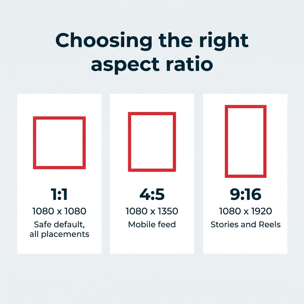 Choosing the right aspect ratio: 1:1 for all placements, 4:5 for mobile feed, 9:16 for Stories and Reels
