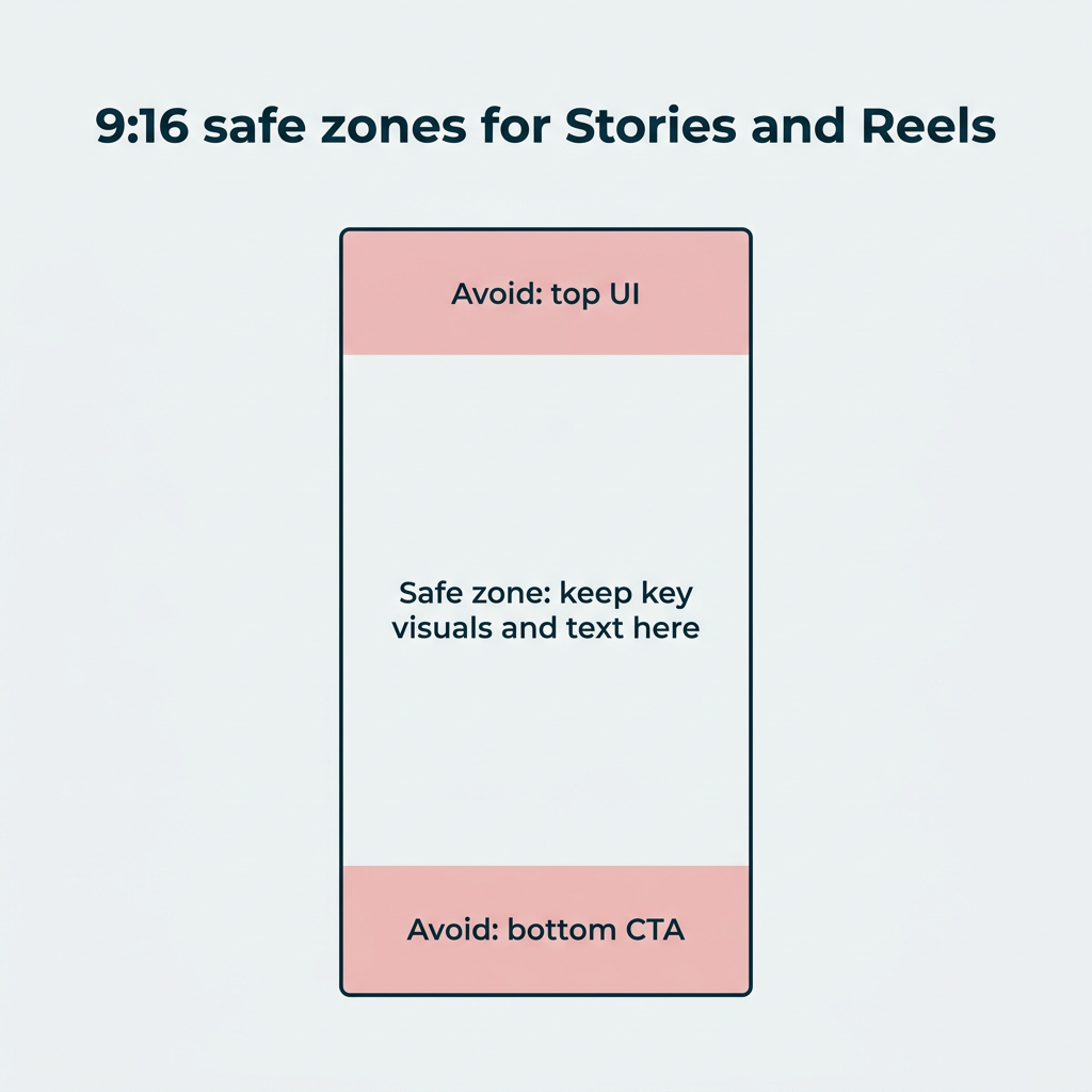 9:16 safe zones for Stories and Reels, showing top and bottom UI areas to avoid and the center safe zone