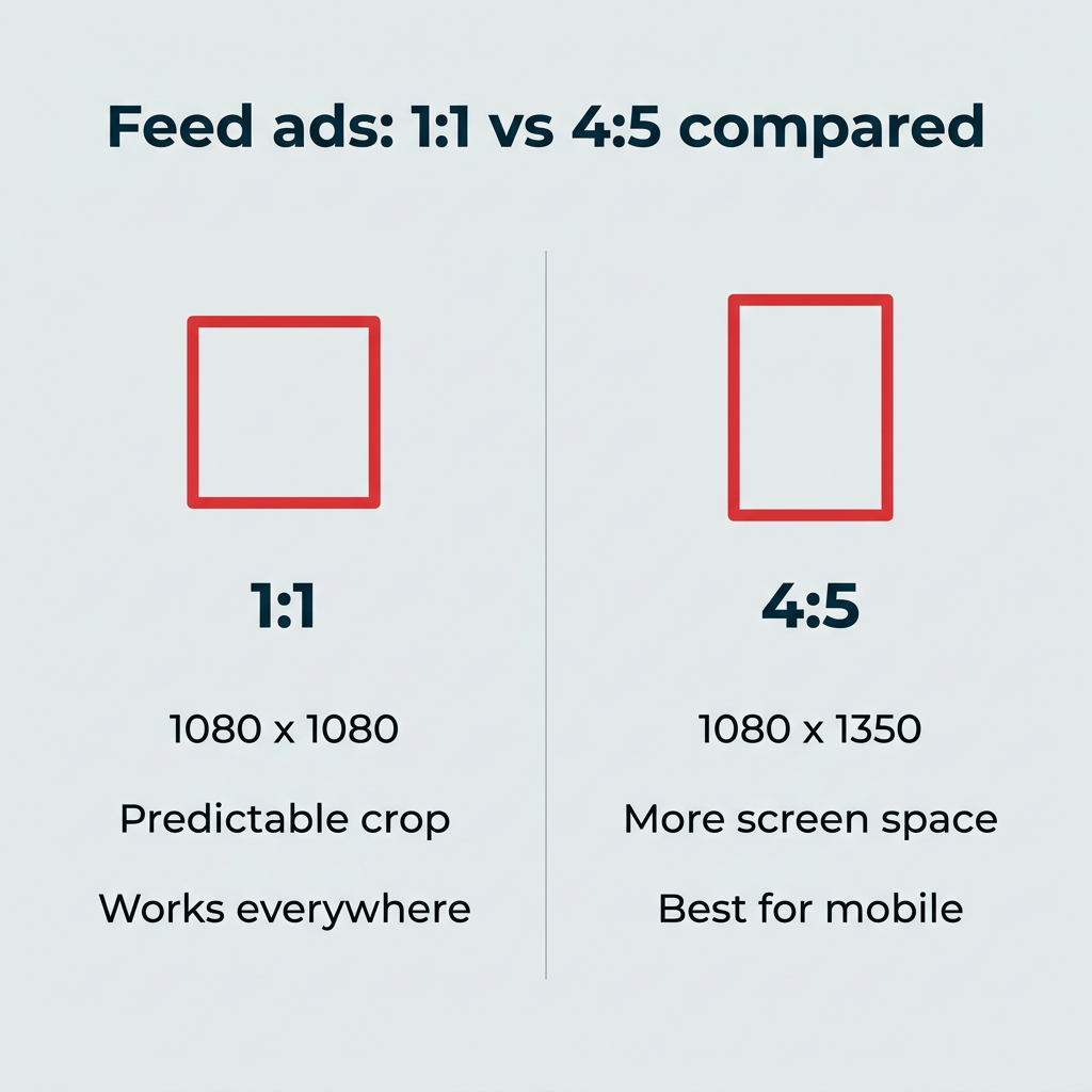 Feed ads: 1:1 vs 4:5 compared, showing dimensions and best use for each aspect ratio