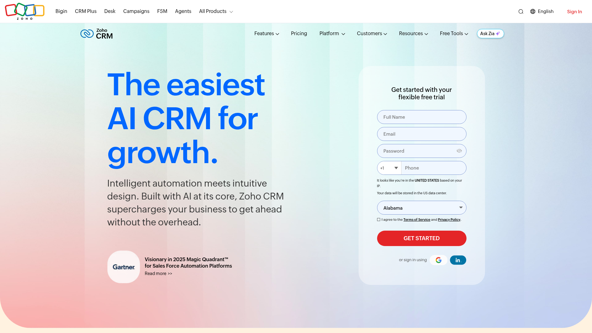 Zoho CRM homepage