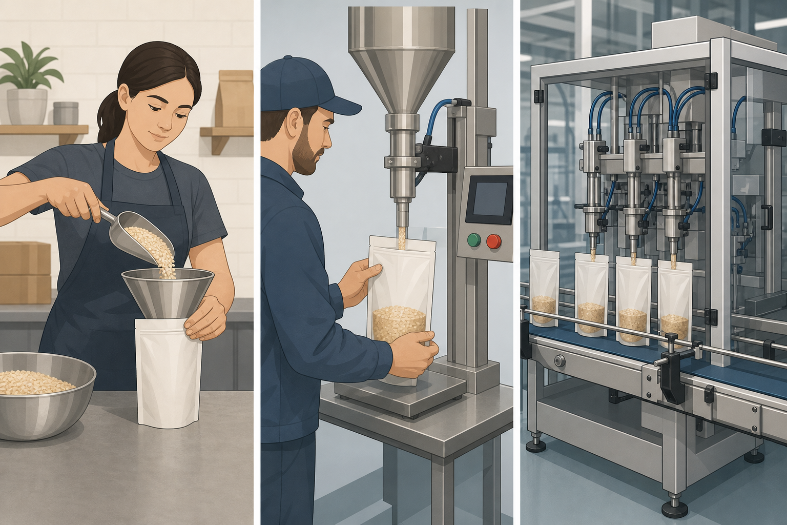 A comparison of manual, semi-automated, and fully automated stand-up pouch filling methods