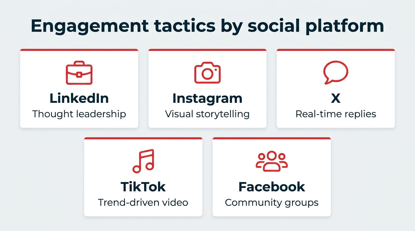 Engagement tactics by social platform: LinkedIn for thought leadership, Instagram for visual storytelling, X for real-time replies, TikTok for trend-driven video, and Facebook for community groups.