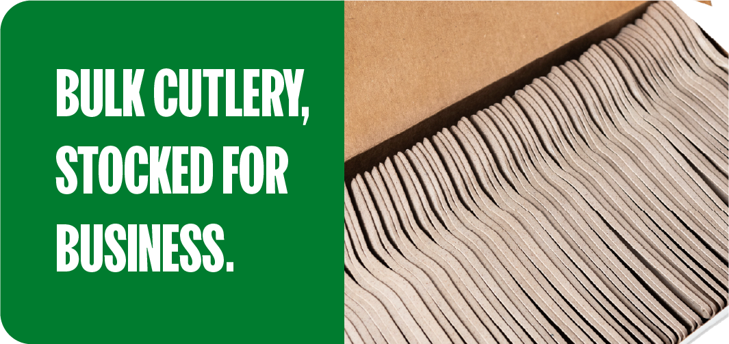 Compostable cutlery packaged in bulk for foodservice businesses